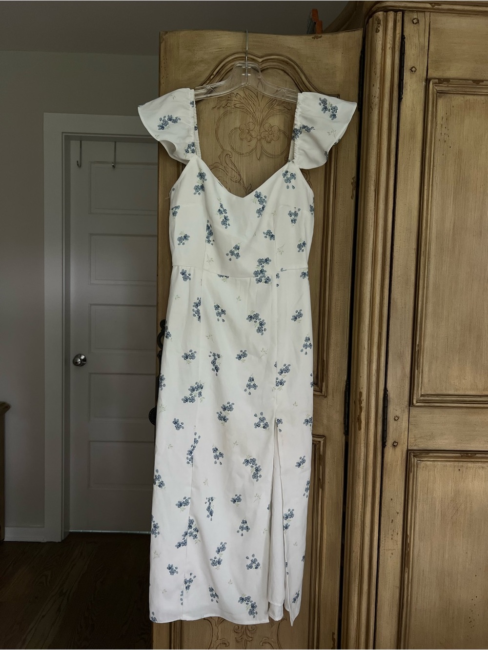 JustFab White Midi Dress with Blue Floral Print and Ruffle Sleeves